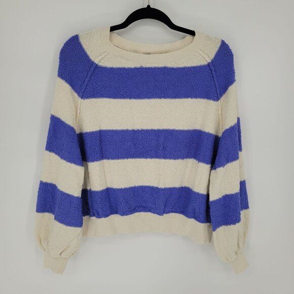 Free people womens small Found my friend Boucle Pullover blue white stripe knit - Picture 10 of 10